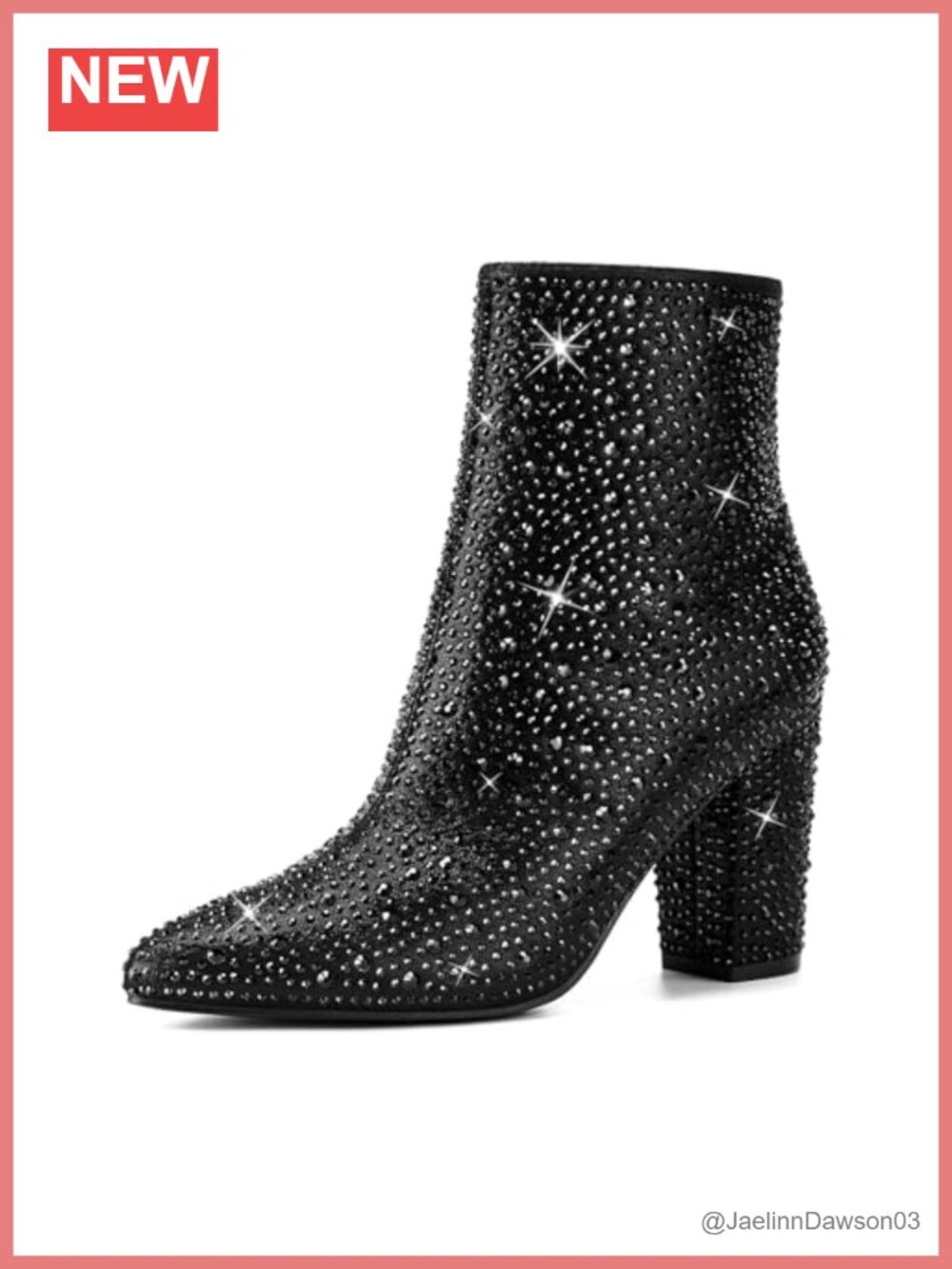 Rhinestone Ankle Booties Pointed Toe Block Heel Side Zipper Sparkly